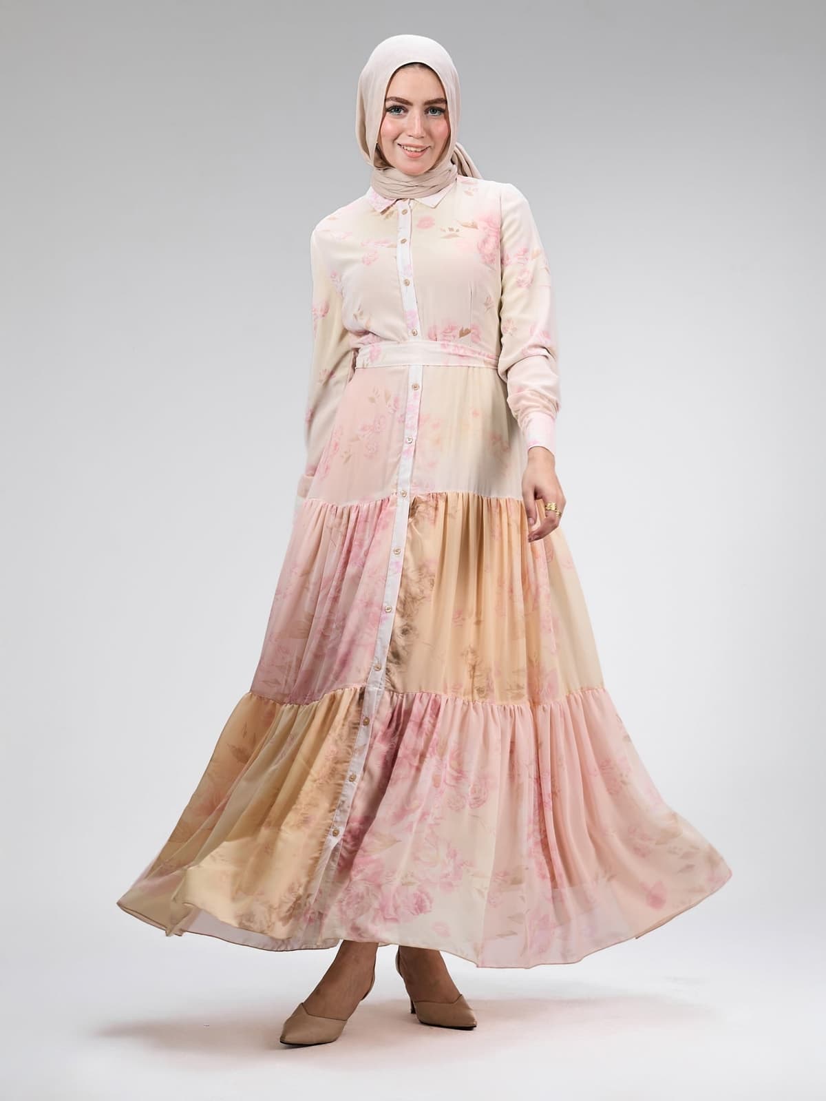 Farida Elegant Chiffon Buttoned Maxi Dress in Blush Pink Floral
