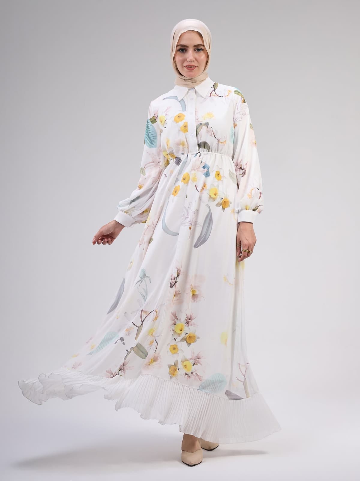 Chama Modest Chiffon Floral Maxi Dress with Elegant Pleats
