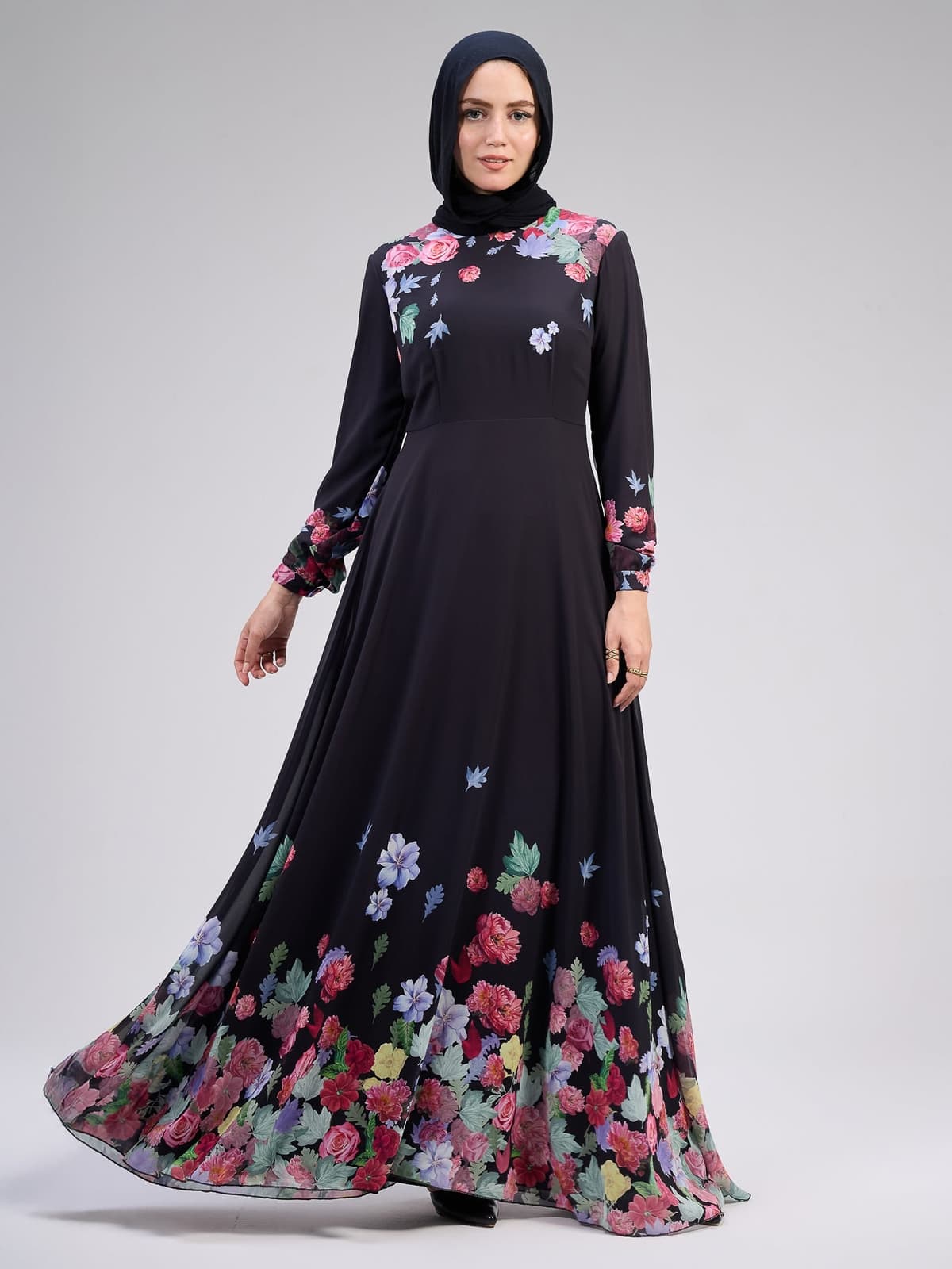Rafeef Elegant Black Chiffon Maxi Dress with Floral Print Design