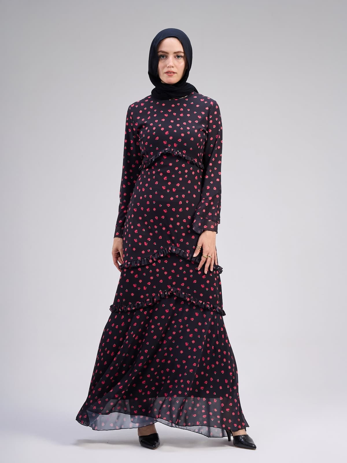 Atheer Modest Black Chiffon Maxi Dress with Ditsy Floral Print