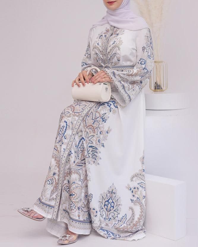 White Garden Women's Casual Spring Summer Boho Floral Print Dress High Neck Long Sleeve High Waist Belt Long Maxi