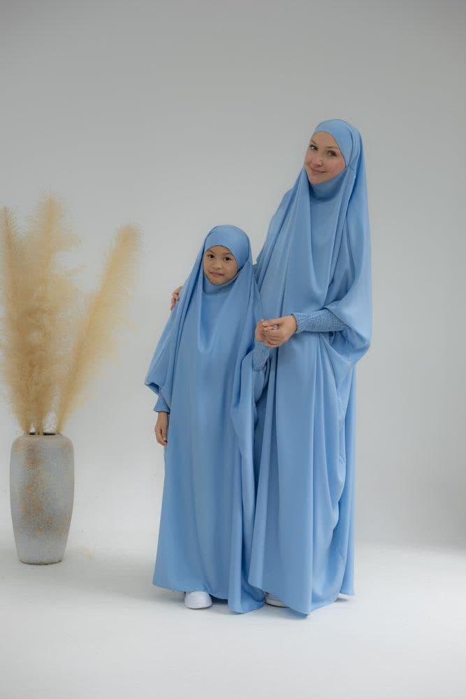 Little Gretaah prayer gown for kids in khimar style with ribbed sleeve cuff inSky Blue