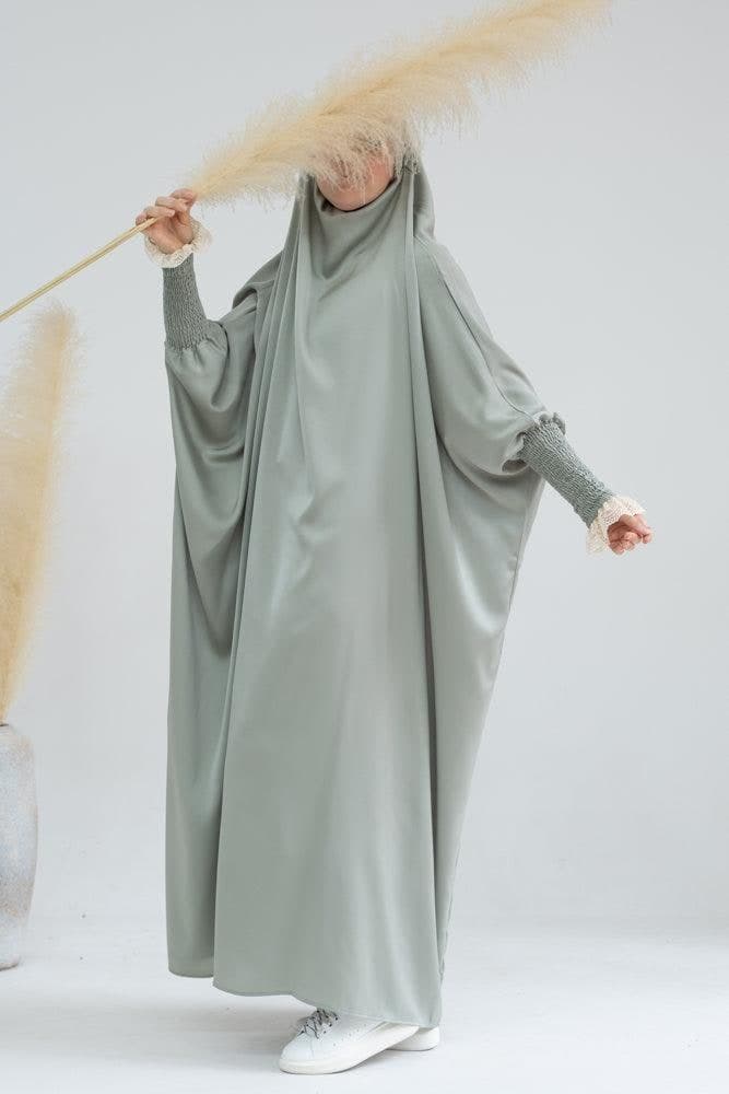 Little Gretaah prayer gown for kids in khimar style with ribbed sleeve cuff in Light green