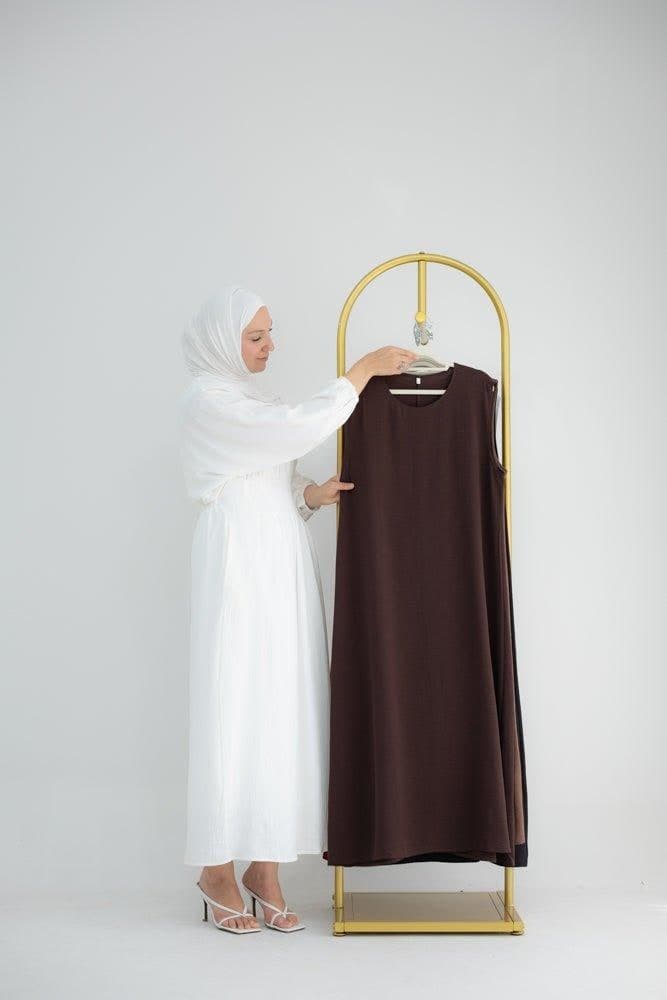 Iris Slip dress maxi length sleeveless in mat crinkle effect fabric in dark coffee color