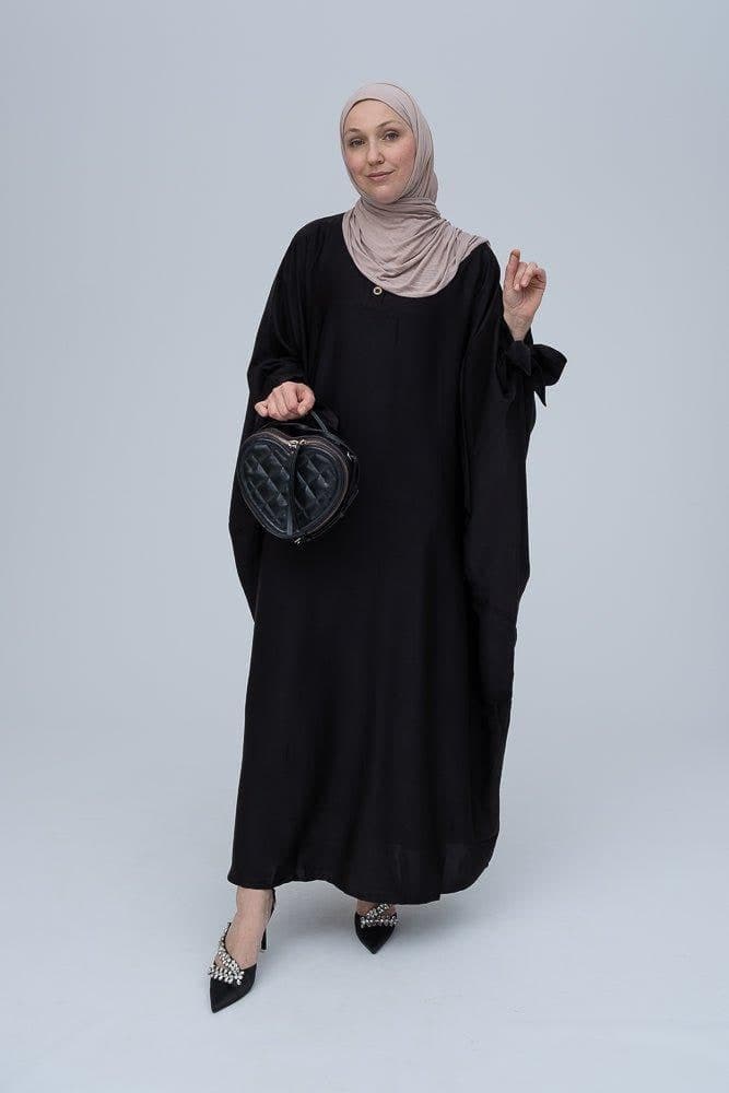 Ikella black batwing abaya with buttons and bow sleeve details