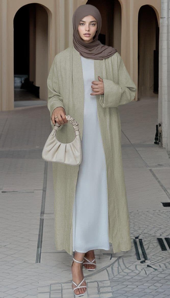 Beige Lounia maxi throw over abaya in light linen fabric with a detachable belt