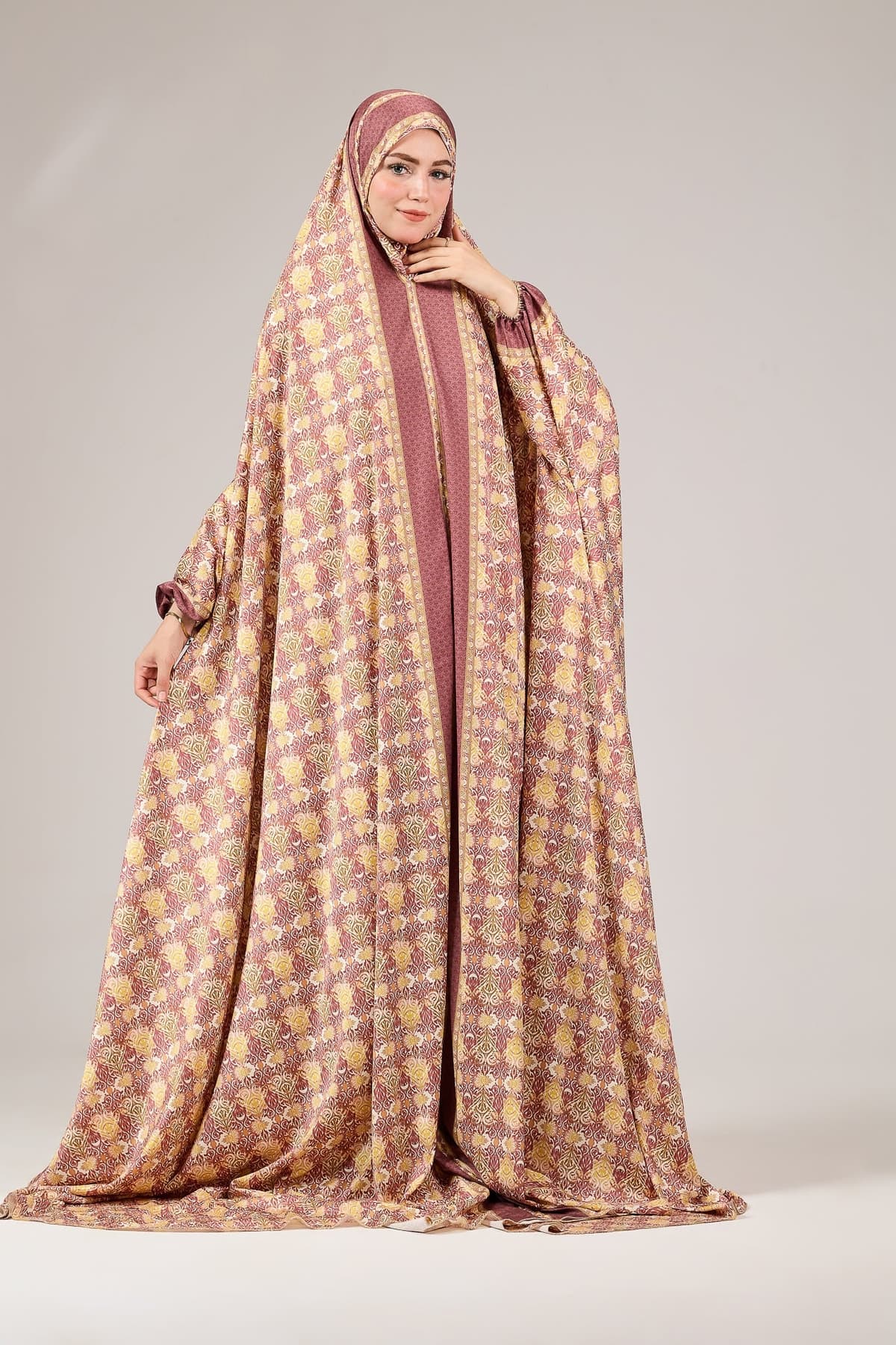 Talia Elegant Satin Floral Prayer Gown with Elasticated Cuffs