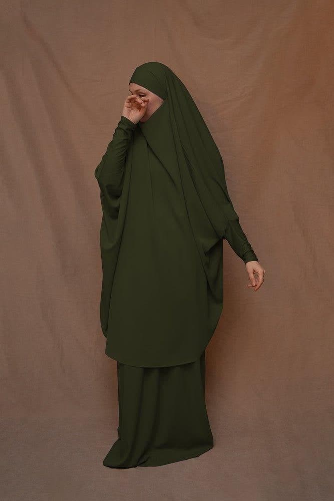 Army Green Moira prayer Umrah gown with niqab feature