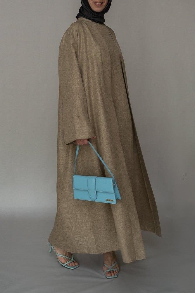 Costella Abaya throw over bisht fabric in khaki color with a detachable belt