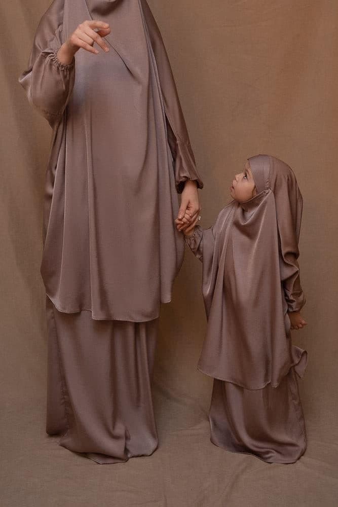 KIDS Coffee Satin Prayer Outfit with Adjustable Khimar