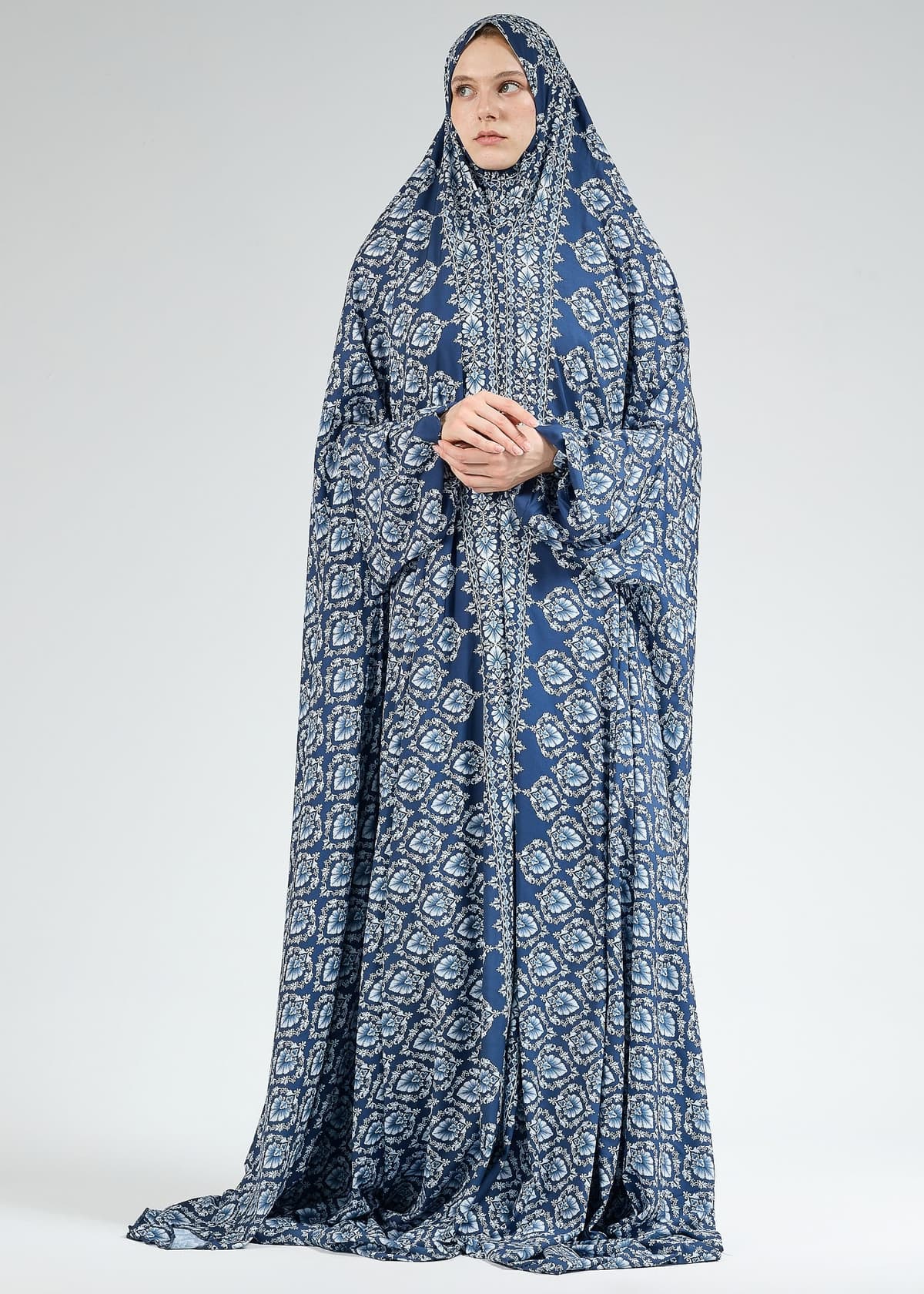 Hoor Elegant Gzhel Satin Home Prayer Gown with Elasticated Cuffs