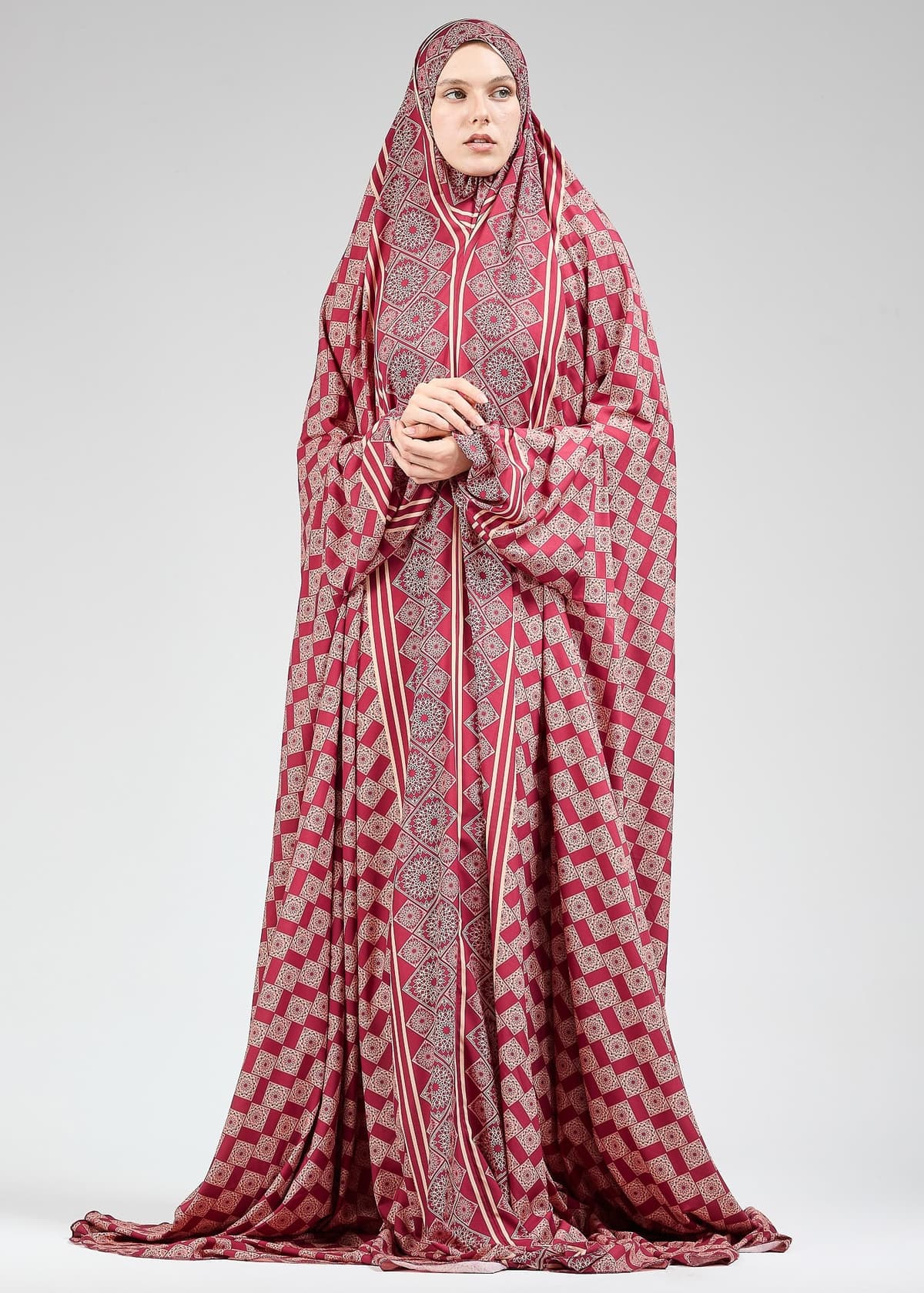 Basira Satin Prayer Gown with Geometric Floral Print for Hijab Wear