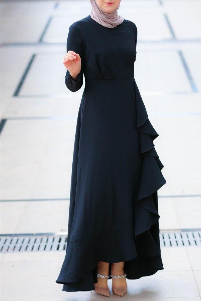 Wijdan Elegant Black Ruffle Maxi Dress with Back Zipper