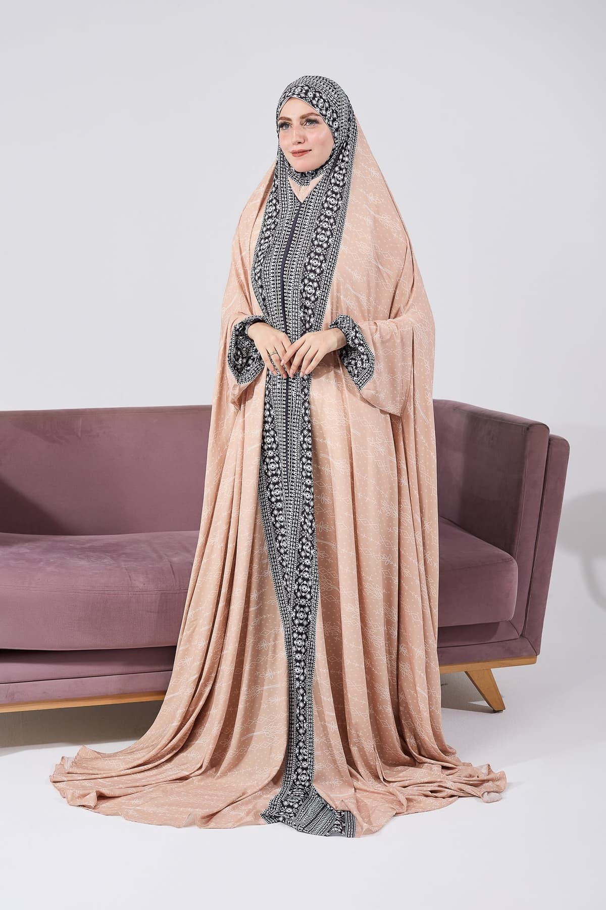 Kawkab Elegant Satin Gown Dress with Black Floral Print and Extended Coverage