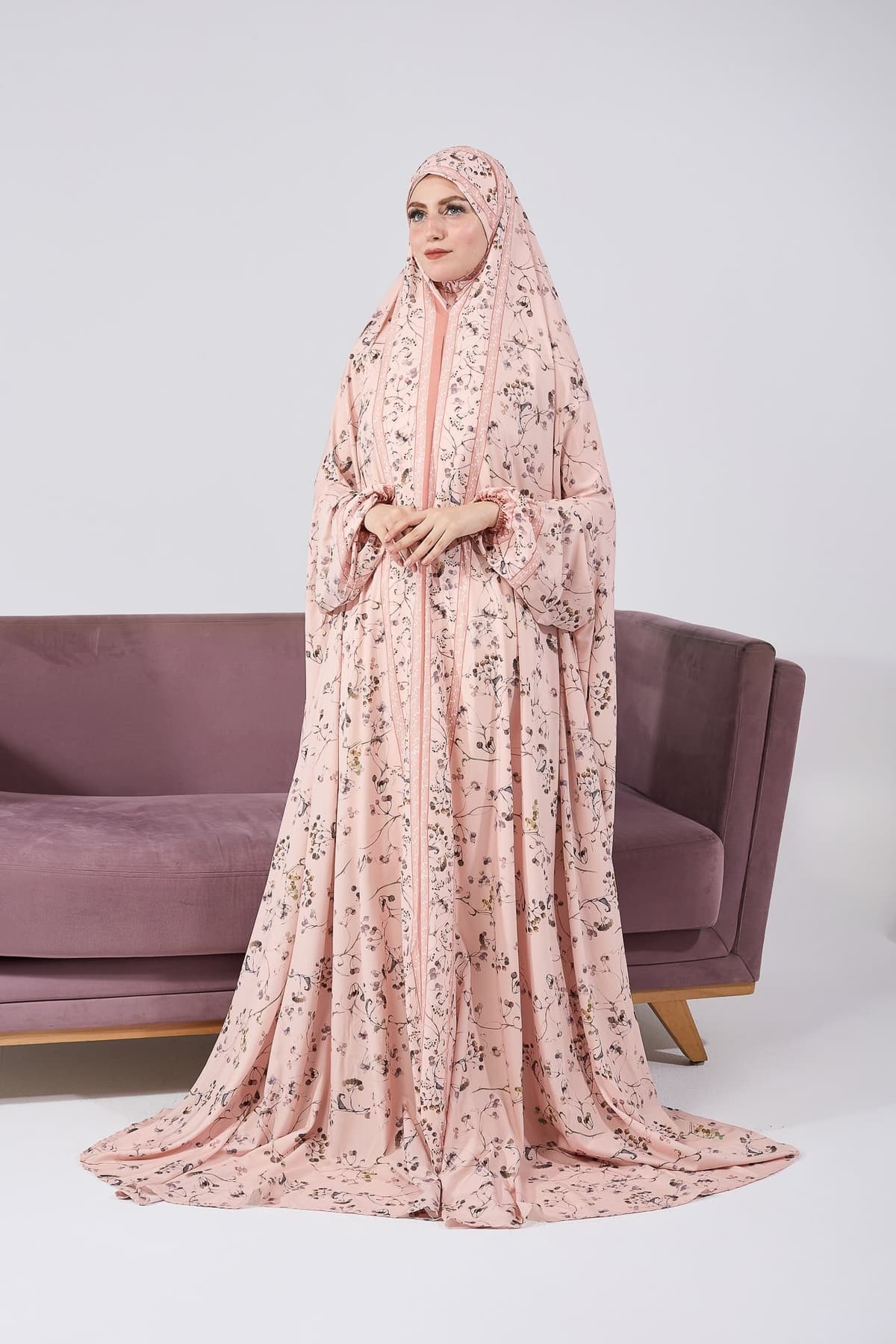 Nouria Satin Floral Prayer Gown with Delicate Floral Print and Elastic Cuffs