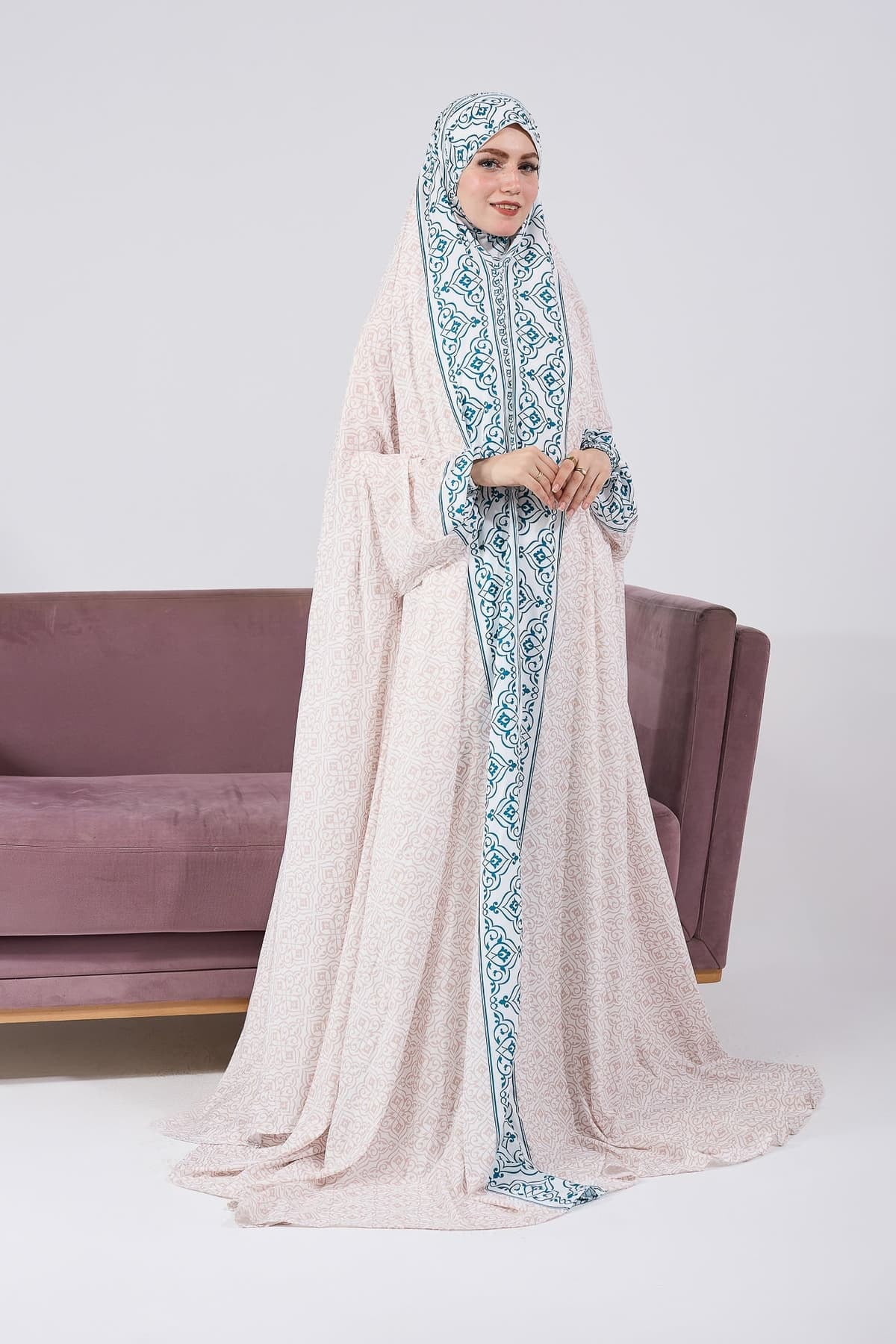 Nahlah Satin Home Prayer Gown with Blue Moroccan Print and Elastic Cuffs