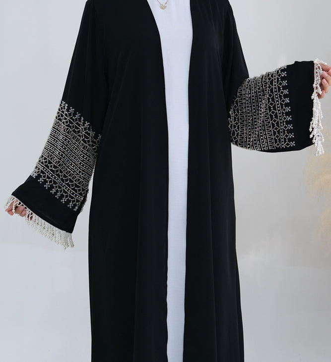 Dazzling pearls faux and beads embroidered abaya in black