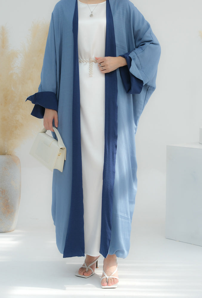 Al Fajr two side wearable contrast abaya in midnight blue and sky blue with kimono split sleeve