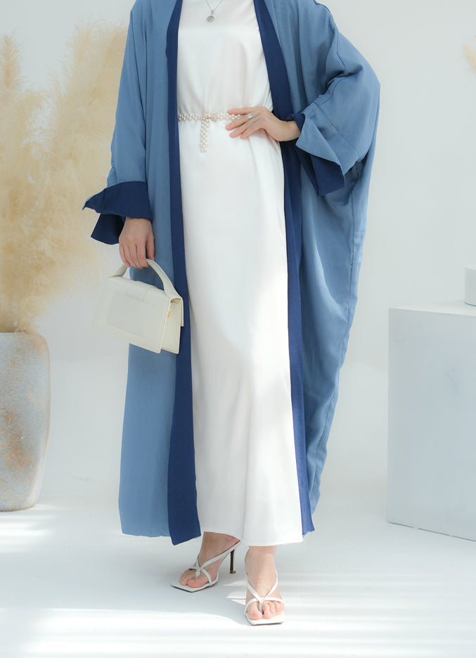 Al Fajr two side wearable contrast abaya in midnight blue and sky blue with kimono split sleeve