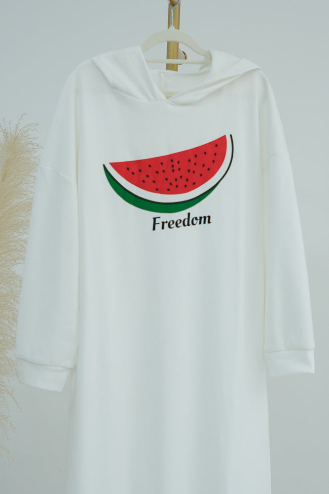 Watermelonya Pièce de résistance white color sweatshirt maxi dress with hood