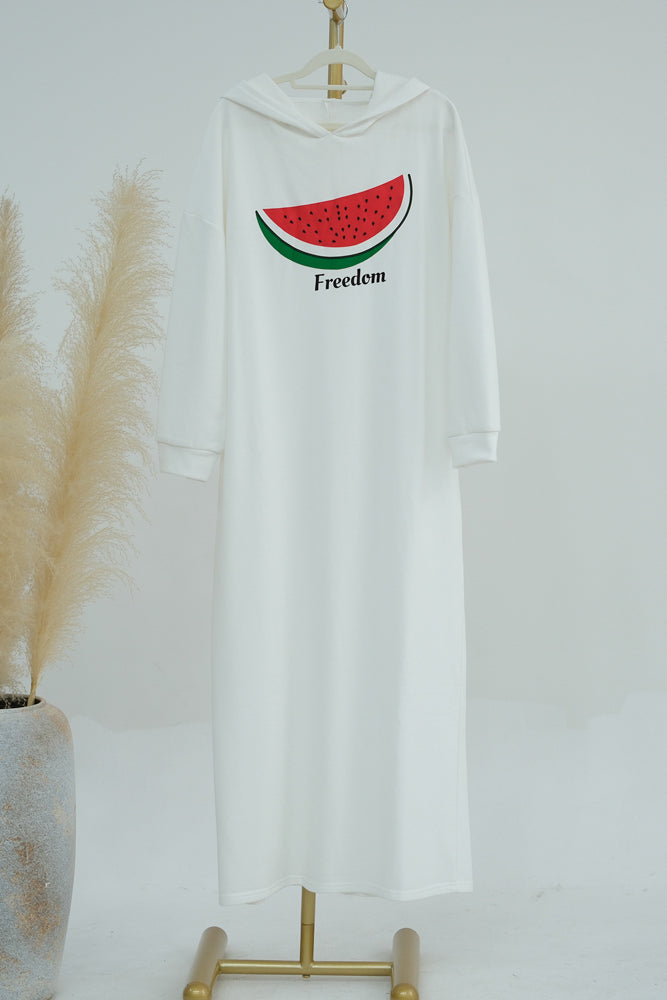 Watermelonya Pièce de résistance white color sweatshirt maxi dress with hood
