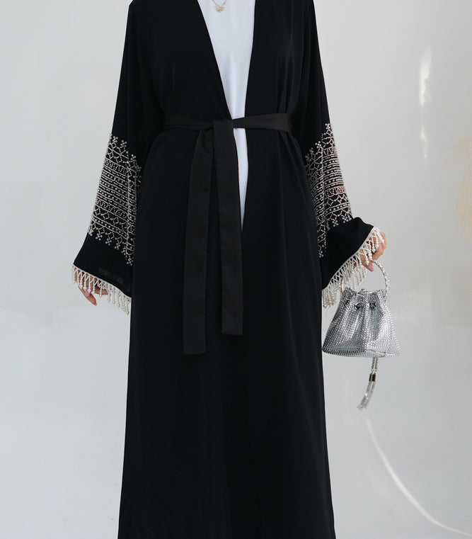 Dazzling pearls faux and beads embroidered abaya in black