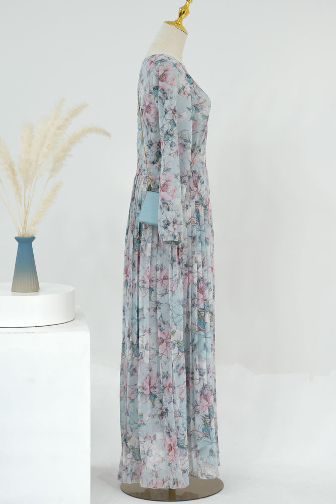 Afrah ditsy floral maxi chiffon dress with pleated skirt and log sleeve