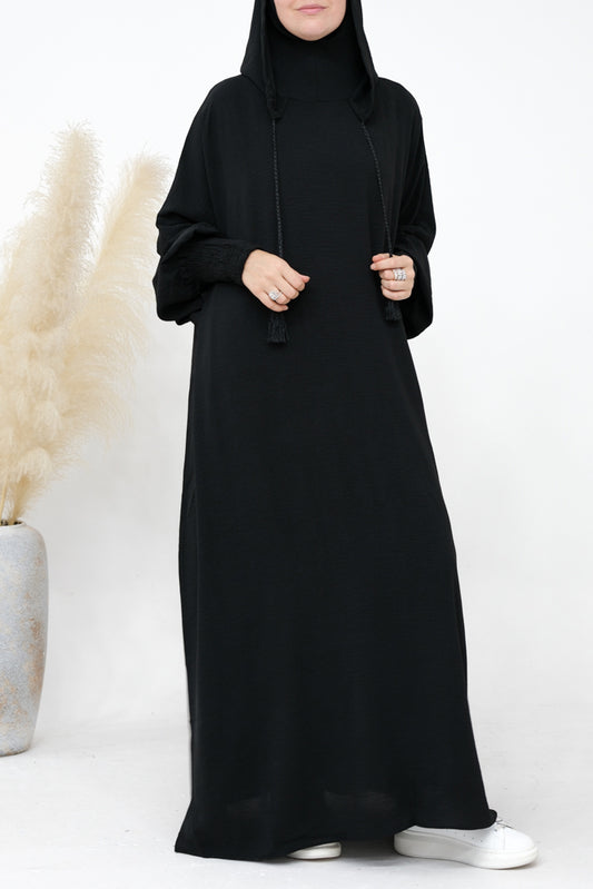 Black Balaclava abaya with stitched-in bonnet and shirred cuff perfect umrah abaya