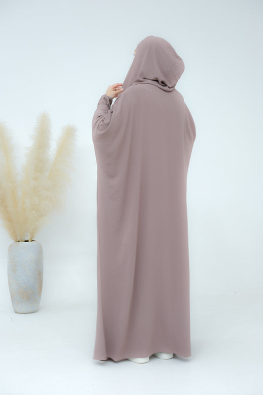 Taro Balaclava abaya with stitched-in bonnet and shirred cuff perfect umrah abaya