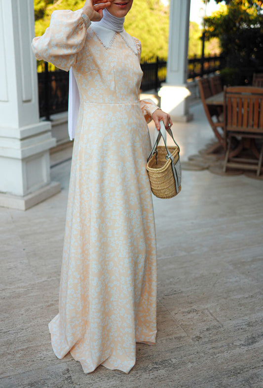 Sena maxi modest dress with vintage collar puff shoulders in ditsy floral