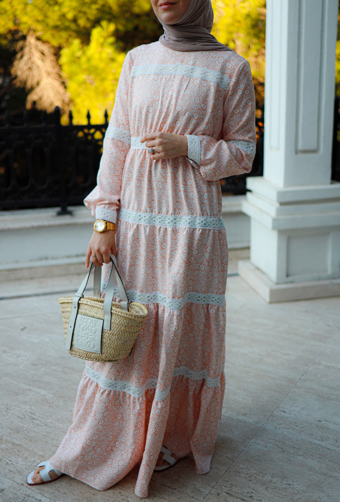 Lamar modest boho maxi style dress with lace detailing and full sleeve