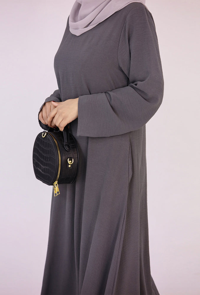 Dark Gray Kira loose slip dress with pockets in maxi length and with long sleeve