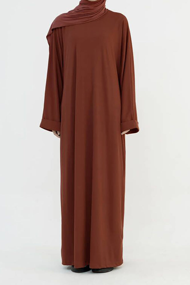Oversized Everyday Abaya dress with pockets and cuffed sleeves in brown color