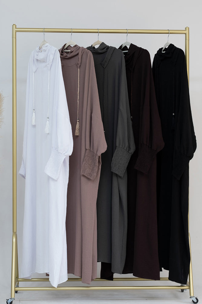 Dark Grey Balaclava abaya with stitched-in bonnet and shirred cuff perfect umrah abaya