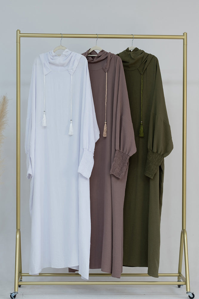 Dark Grey Balaclava abaya with stitched-in bonnet and shirred cuff perfect umrah abaya