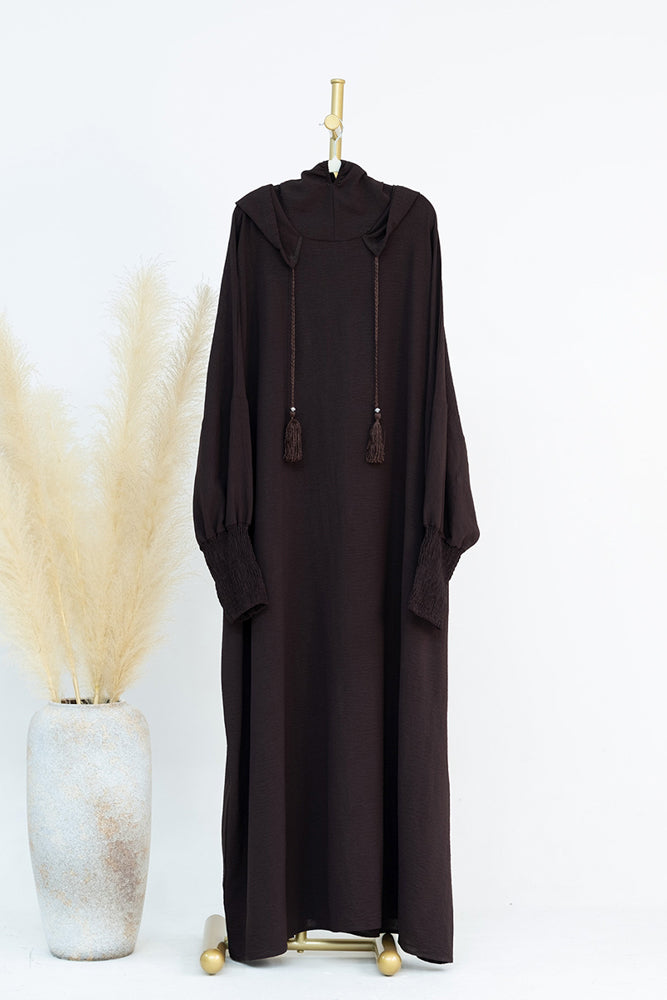 Dark Coffee Balaclava abaya with stitched-in bonnet and shirred cuff perfect umrah abaya