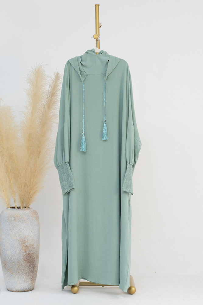 Mint Green Balaclava abaya with stitched-in bonnet and shirred cuff perfect umrah abaya