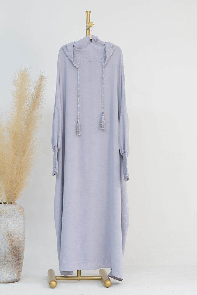 Light Grey Balaclava abaya with stitched-in bonnet and shirred cuff perfect umrah abaya