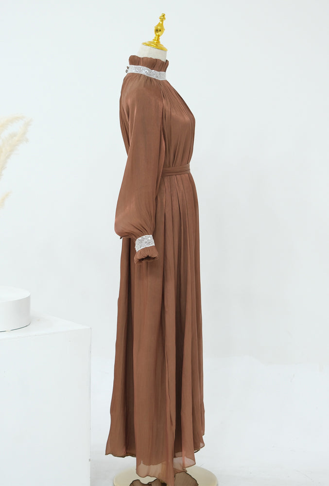 Nassima brown dress with embelished details at collar and neck with detachable belt