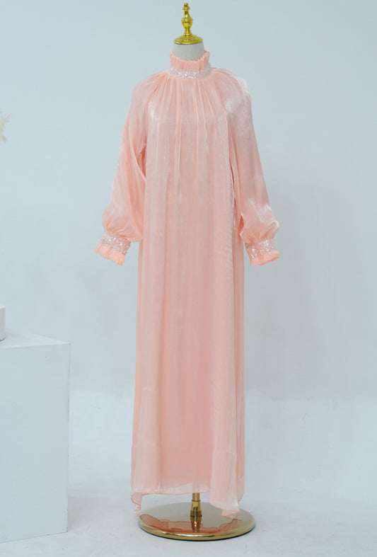 Nassima Pink dress with embelished details at collar and neck with detachable belt