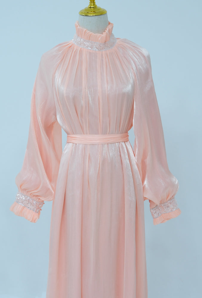 Nassima Pink dress with embelished details at collar and neck with detachable belt