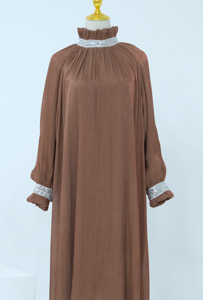 Nassima brown dress with embelished details at collar and neck with detachable belt