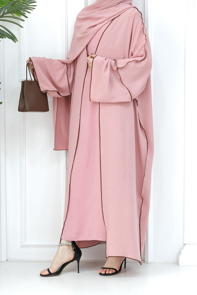 Rada four piece abaya with throw over slip dress belt and matching hijab in Light Pink