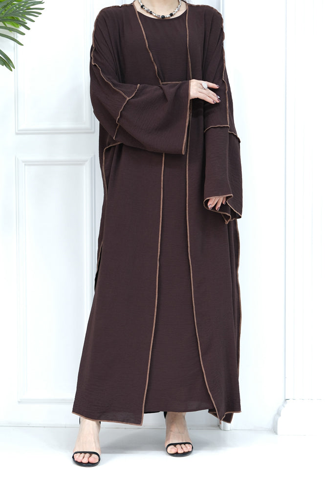 Rada four piece abaya with throw over slip dress belt and matching hijab in Dark Coffee