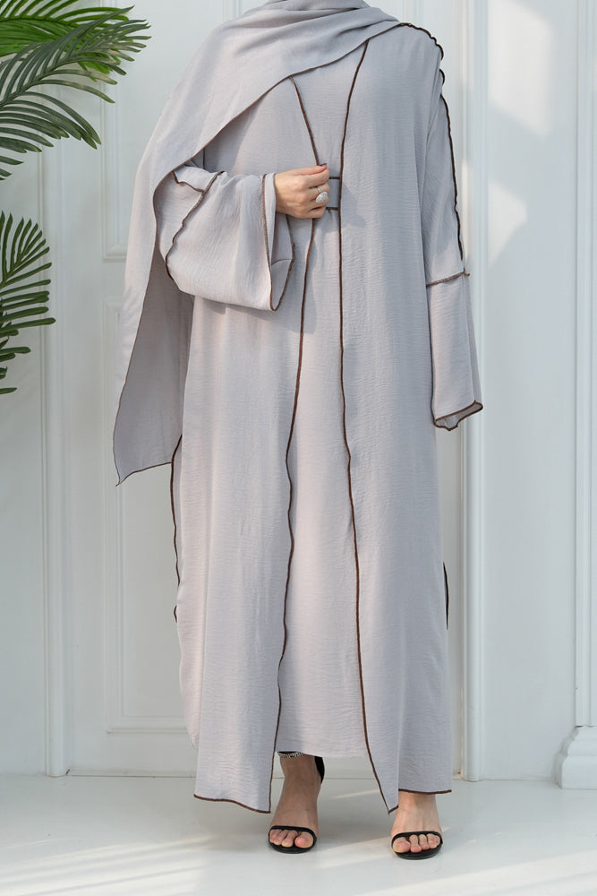 Rada four piece abaya with throw over slip dress belt and matching hijab in Light Gray