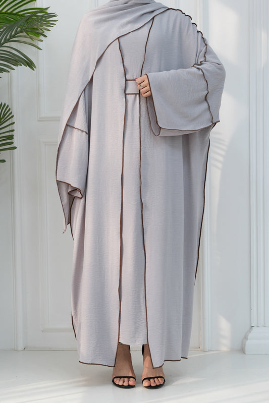 Rada four piece abaya with throw over slip dress belt and matching hijab in Light Gray