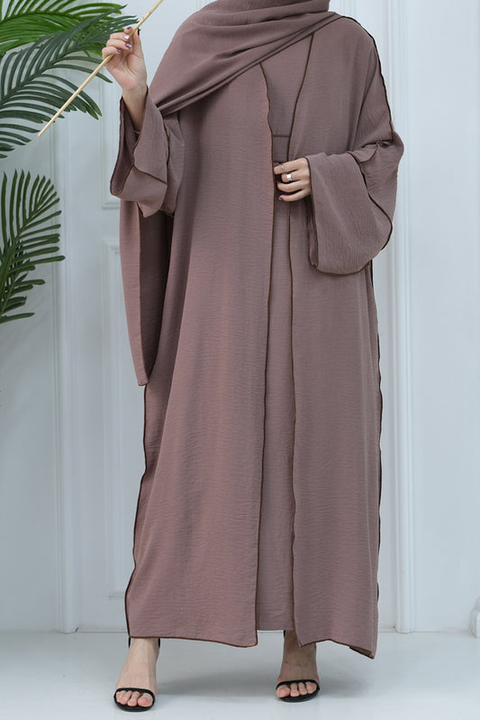 Rada four piece abaya with throw over slip dress belt and matching hijab in Coffee