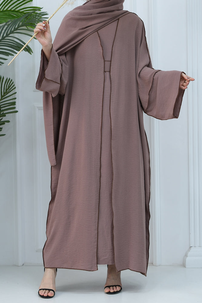 Rada four piece abaya with throw over slip dress belt  Coffee