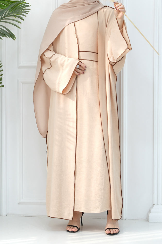 Rada four piece abaya with throw over slip dress belt and matching hijab in Beige