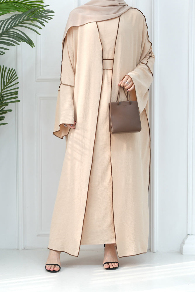 Rada four piece abaya with throw over slip dress belt and matching hijab in Beige